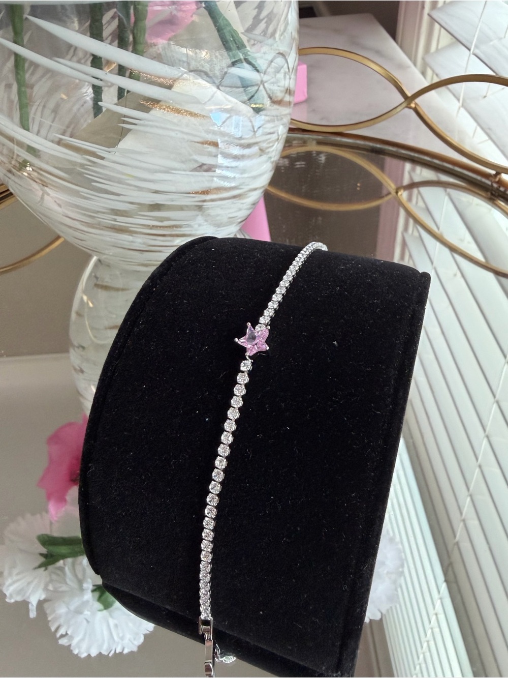 Delicate Silver plated  Tennis Bracelet with Pink Star Accent